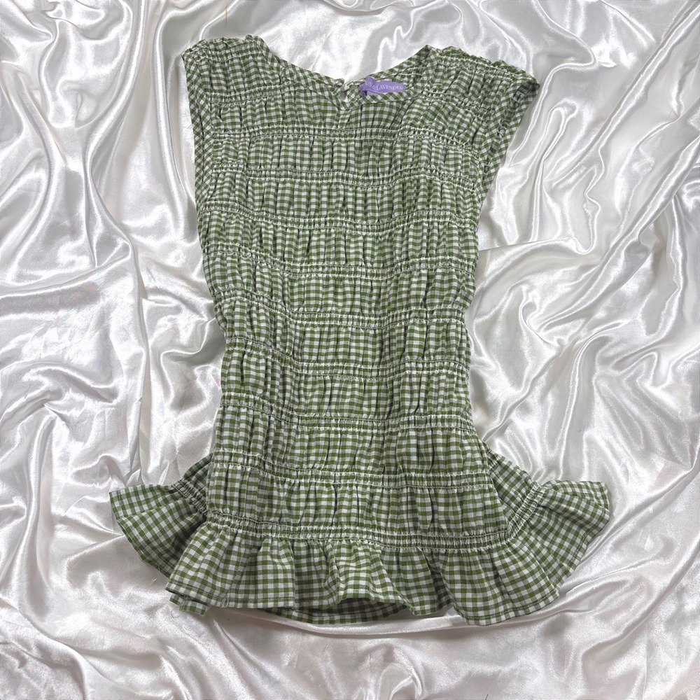 y2k Smocked Peplum Top Green Excellent Gingham Check Sleeveless Lotus & Lavender